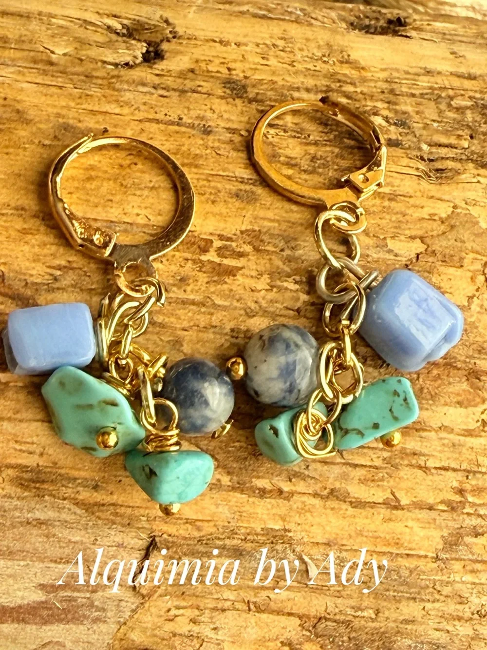 Gold Hoop Earrings with Turquoise, Light Blue aquamarine and Blue-Gray Beads